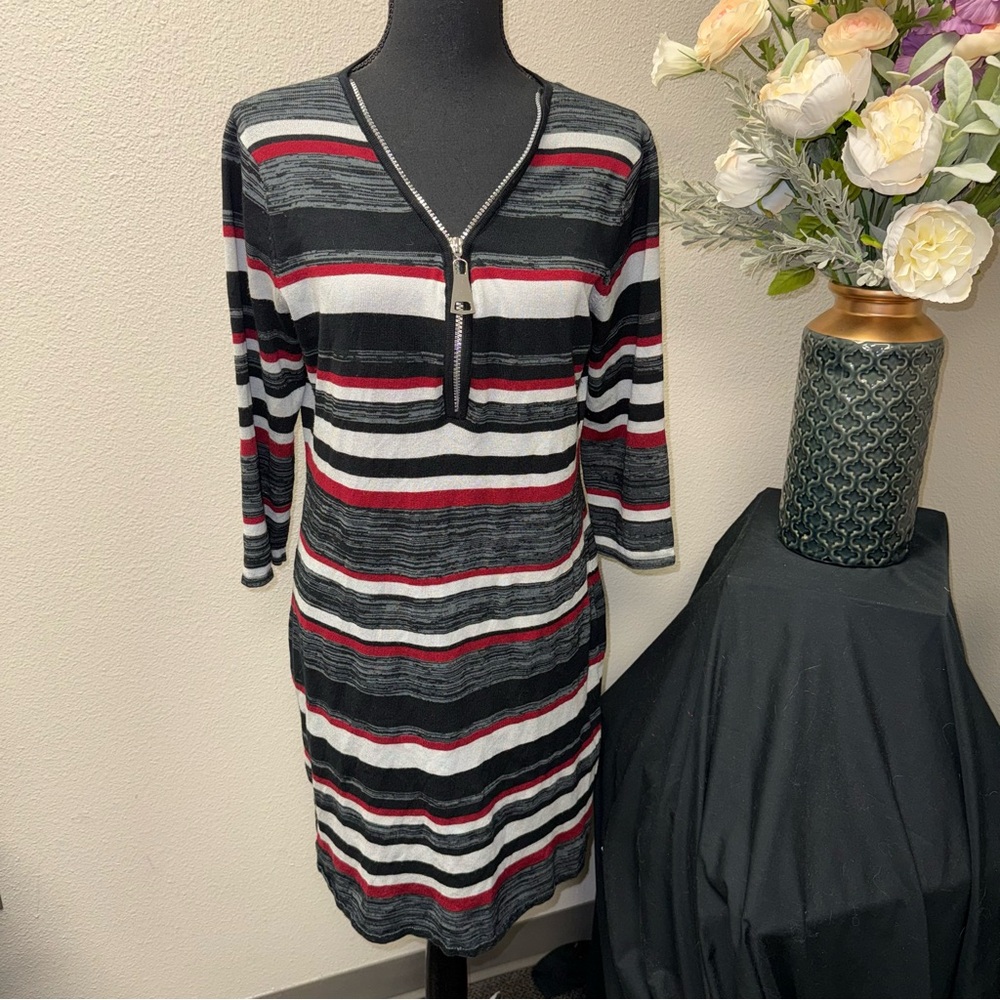 Allison Brittney Striped Zip Neck Midi Dress Black Red White L - Picture 2 of 8